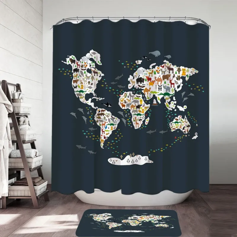 World Map Shower Curtain for Children with Animals