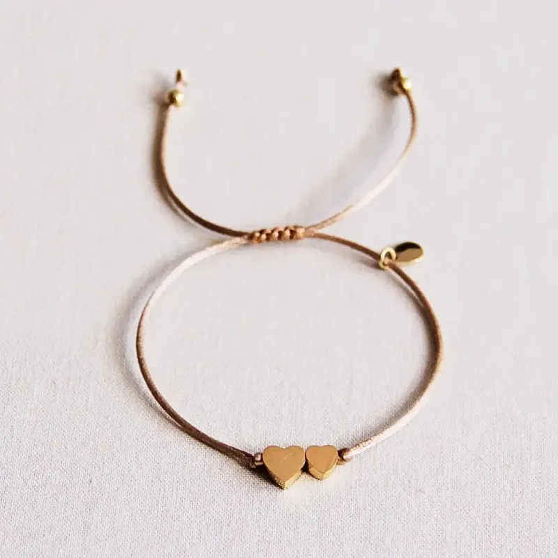 Satin-Armband mit kleinem und großem Herz taupe/gold