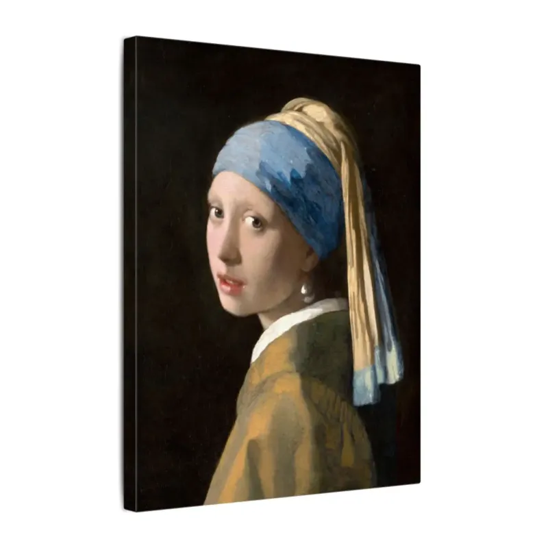 Girl with a Pearl Earring by Vermeer printed canvas showing the young woman in a blue head covering and pearl earring