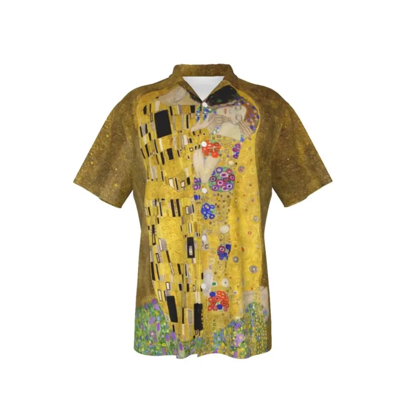 Front product view of The Kiss by Gustav Klimt men’s Hawaiian shirt with short sleeves, open lapel collar and button-up front