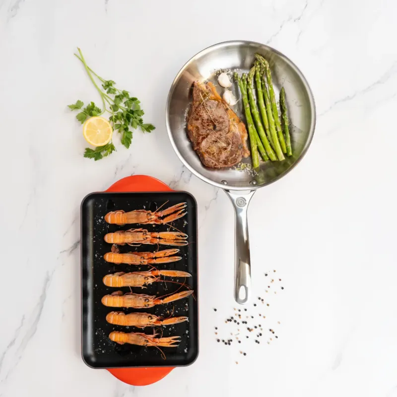 Pack parrilla de hierro y sartén acero inoxidable Le Creuset