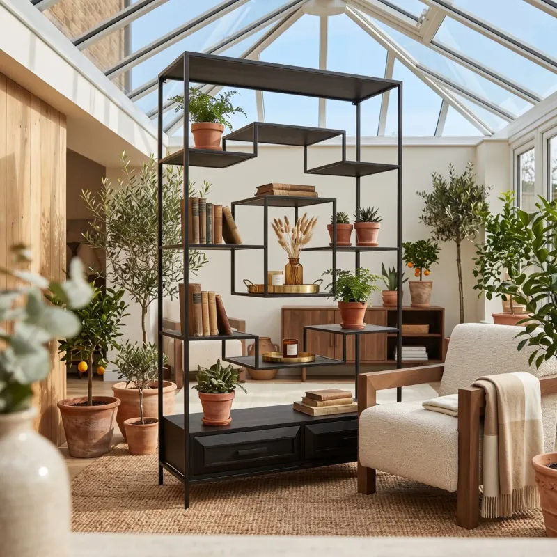 Standregal Lixly Black offen mit versetzten Holzböden und zwei Schubladen | Interiorbild | PTMD bei STUFF Shop kaufen