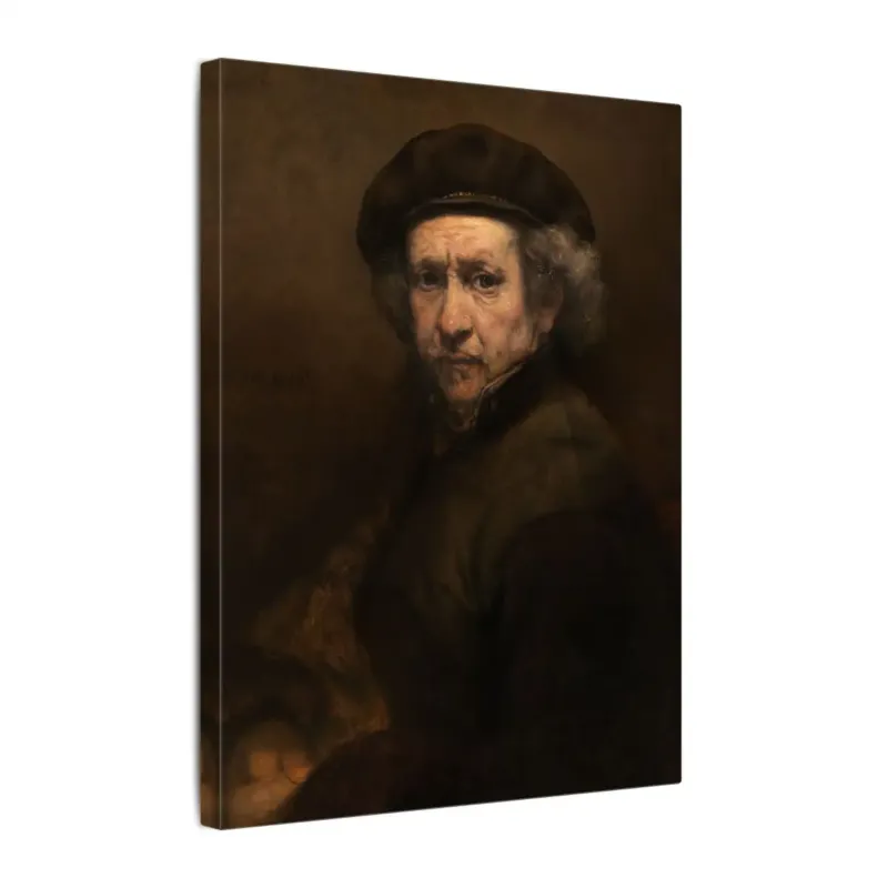 Rembrandt Self-Portrait printed canvas showing the artist in a dark beret against a brown background