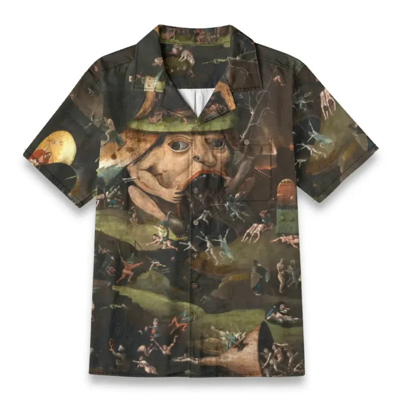 Men wearing triumphant Hawaiian shirt with Bosch Harrowing of Hell print showing redemptive victory design