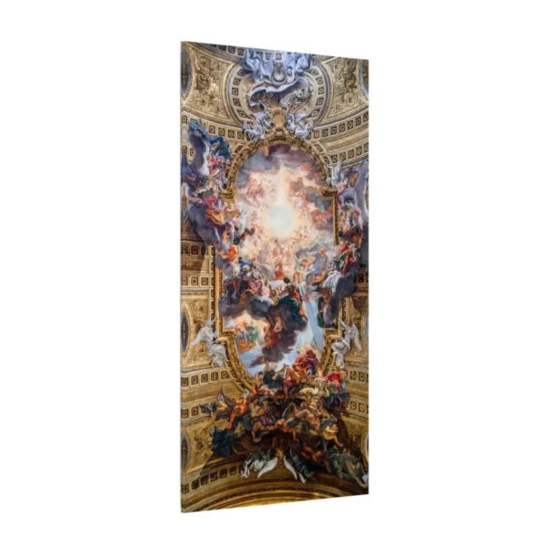 Angled view of Triumph of the Name of Jesus by Giovanni Battista Gaulli stretched canvas with radiant baroque ceiling fresco and soaring figures