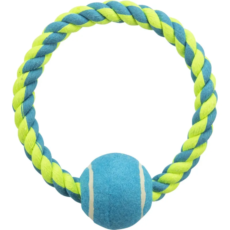Baumwollring mit Ball Hundespielzeug – ø 18 cm / ø 6,4 cm, blau/limette