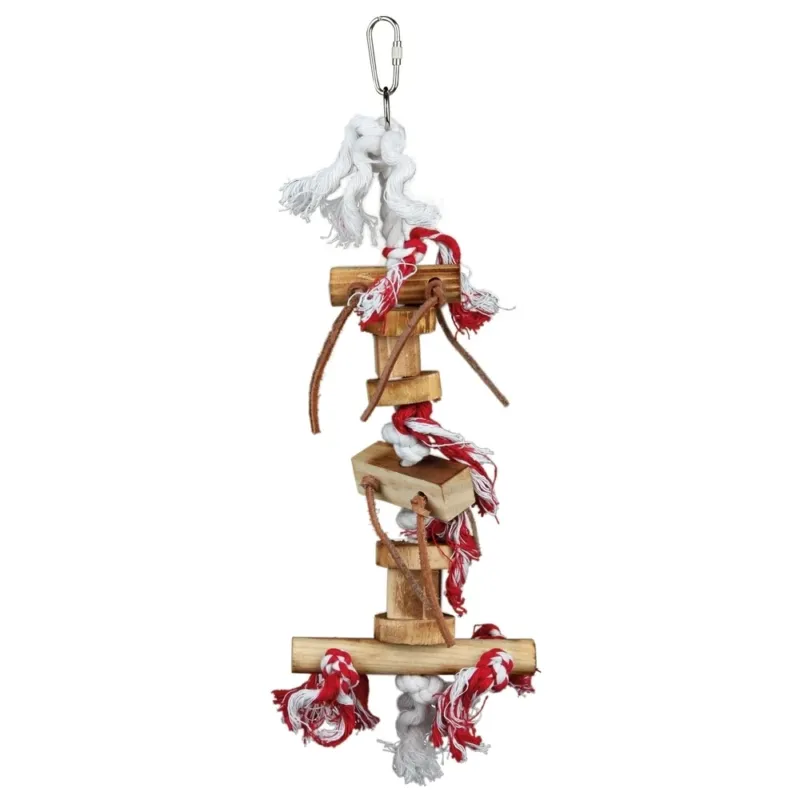 Vogelspielzeug aus Holz mit Lederbändchen